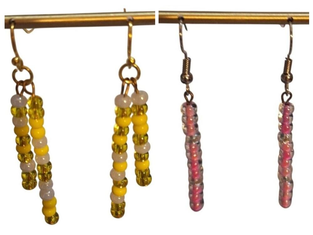 Long Dangle Seed Bead Earrings Pink/Silver Yellow/gold/white Lot of 2